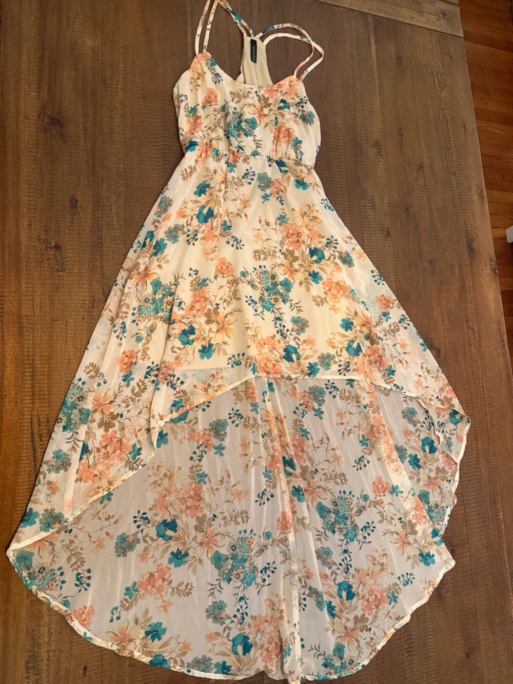 Full Tilt Cream Floral High-Low Dress with Teal and Peach Flowers